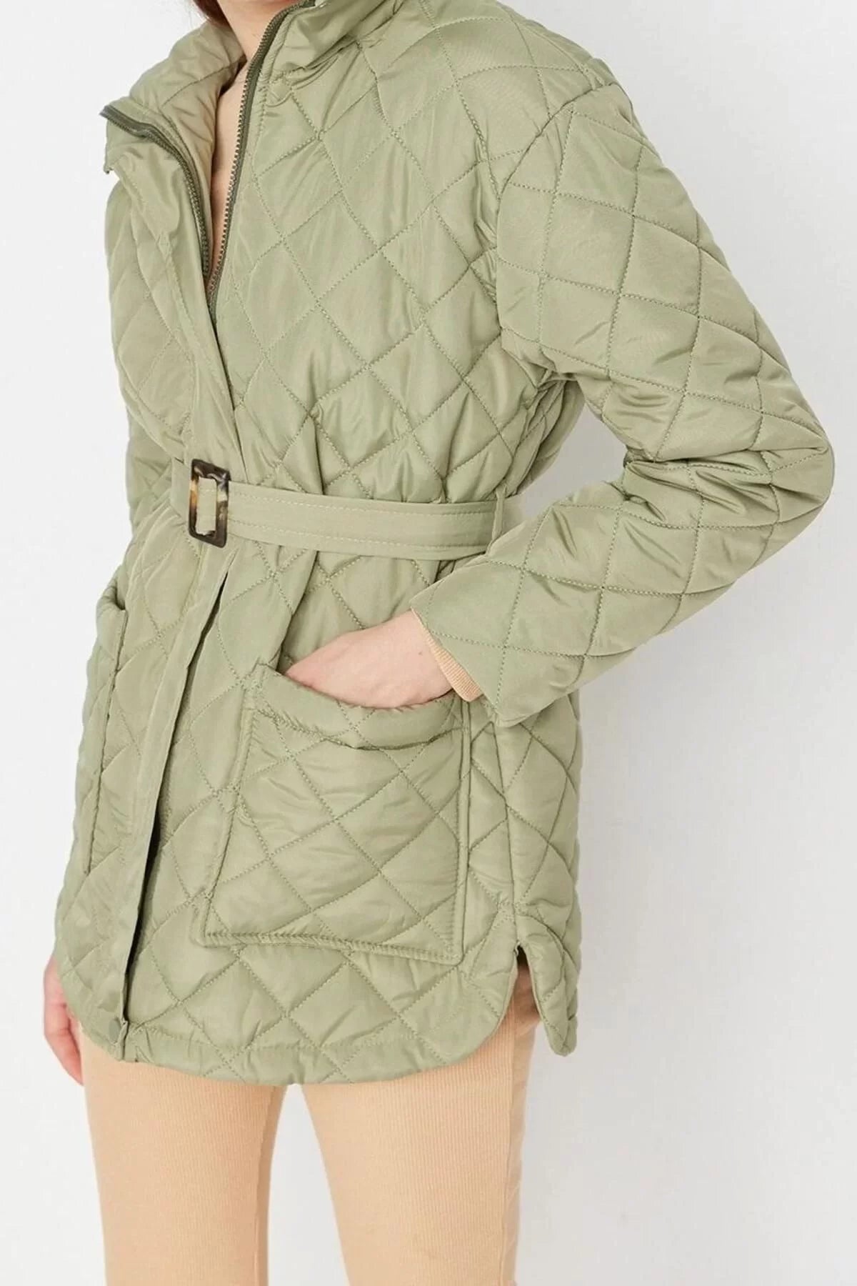 Women Fashion Stylish Regular Stand Collar Midi Plain Lined Oversize Belted Water Repellent Quilted Coat