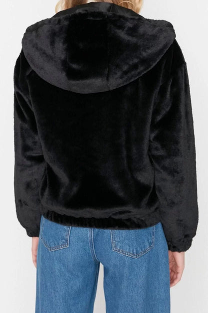 Women Fashion Stylish Regular Hooded Collar Standard Plain Lined Oversize Hooded Plush Coat