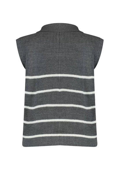 Women Fashion Stylish Polo Collar Standard Sleeve Regular Zipper Striped Knitwear Sweater