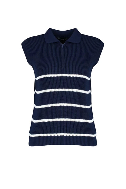 Women Fashion Stylish Polo Collar Standard Sleeve Regular Zipper Striped Knitwear Sweater