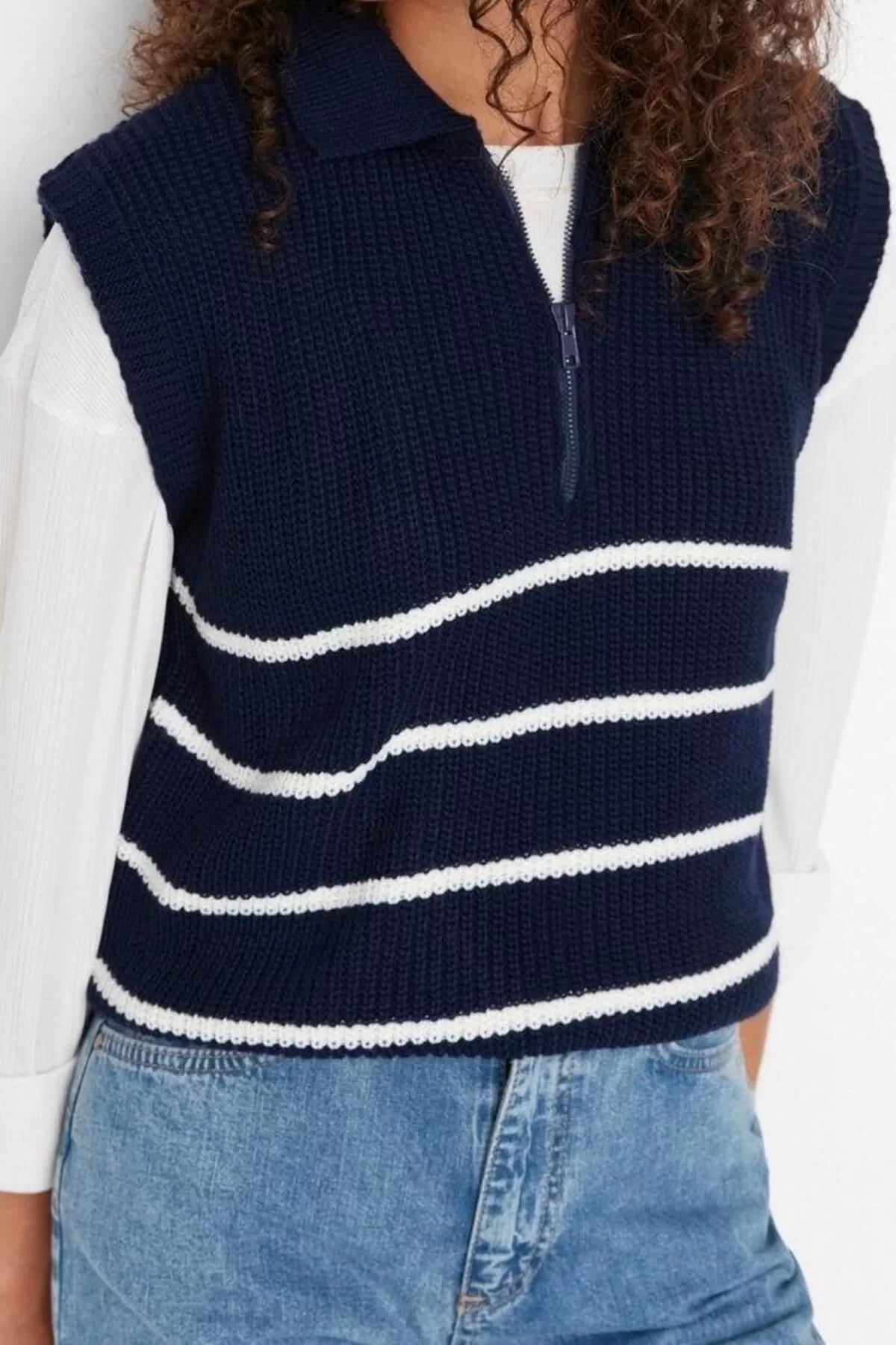 Women Fashion Stylish Polo Collar Standard Sleeve Regular Zipper Striped Knitwear Sweater