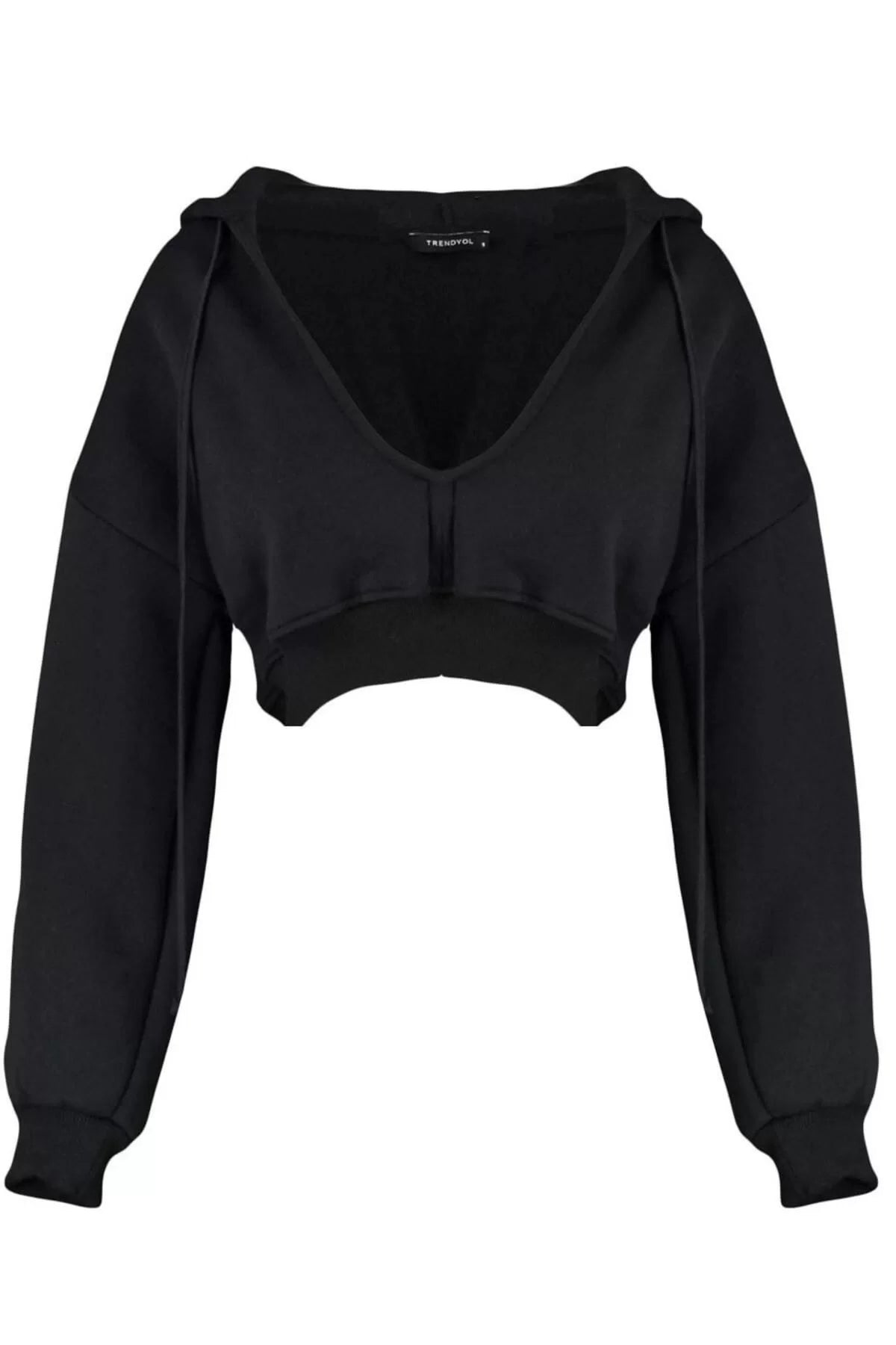 Women's Relaxed Hooded Low Sleeve Crop Thick Polar Fleece Inside V Neck Relaxed Cut Crop Knitted Sweatshirt