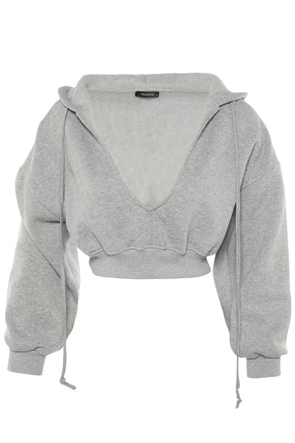 Women's Relaxed Hooded Low Sleeve Crop Thick Polar Fleece Inside V Neck Relaxed Cut Crop Knitted Sweatshirt