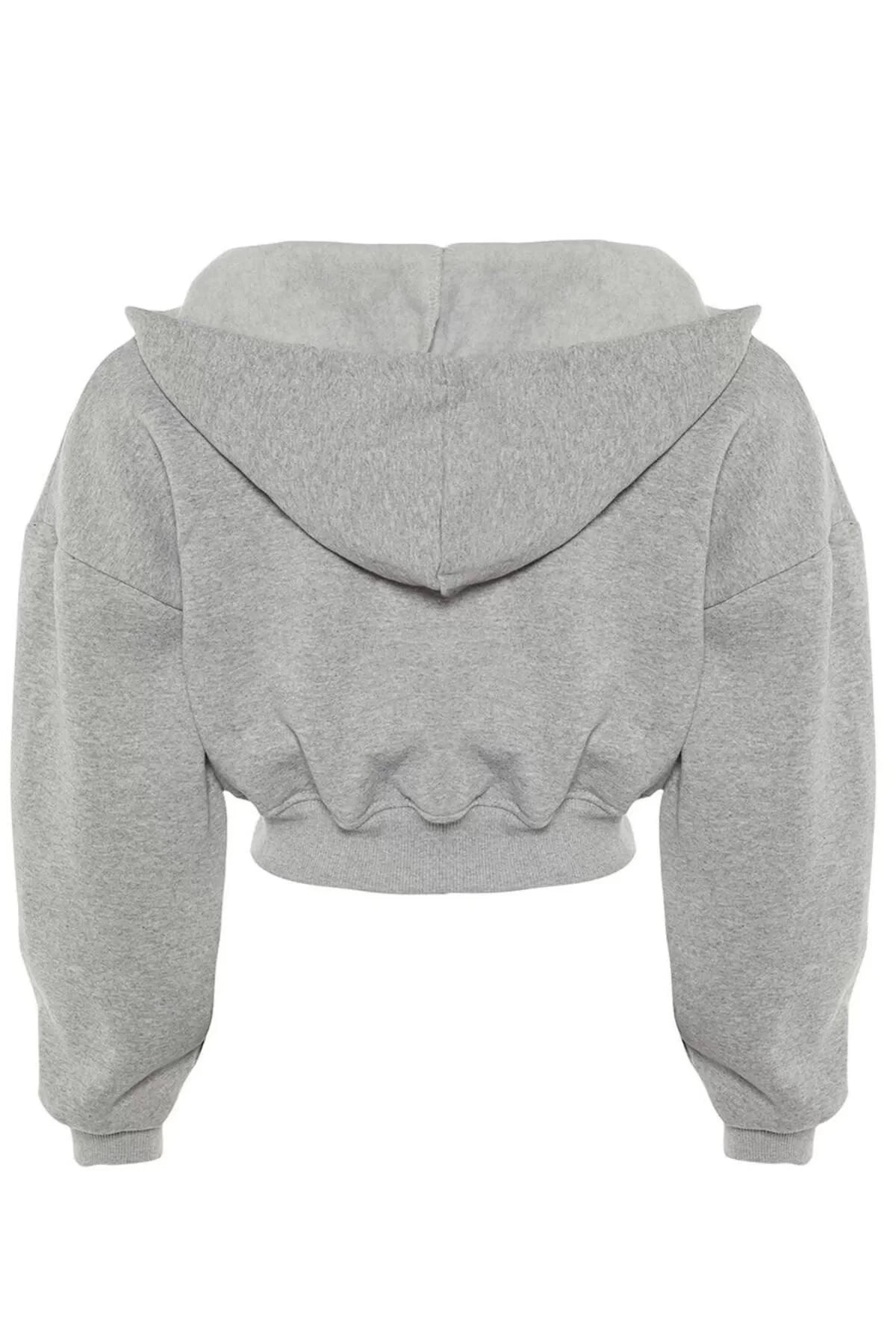 Women's Relaxed Hooded Low Sleeve Crop Thick Polar Fleece Inside V Neck Relaxed Cut Crop Knitted Sweatshirt