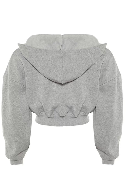 Women's Relaxed Hooded Low Sleeve Crop Thick Polar Fleece Inside V Neck Relaxed Cut Crop Knitted Sweatshirt