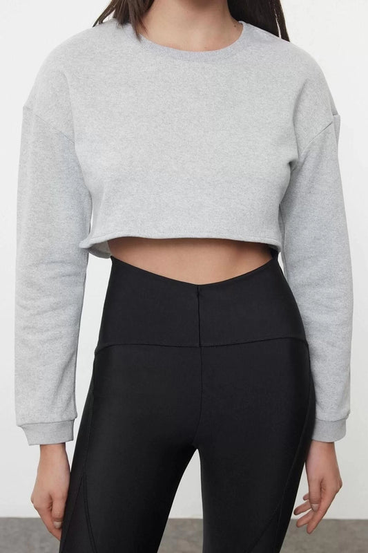 Women Fashion Stylish Oversize Crew Neck Low Sleeve Crop Super Crop Fleece Inside Knitted Sports Sweatshirt