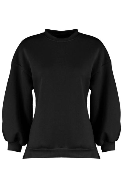 Women's Oversize Crew Neck Low Sleeve Long Wide Cut Slit Thick Polar Fleece Knitted Sweatshirt