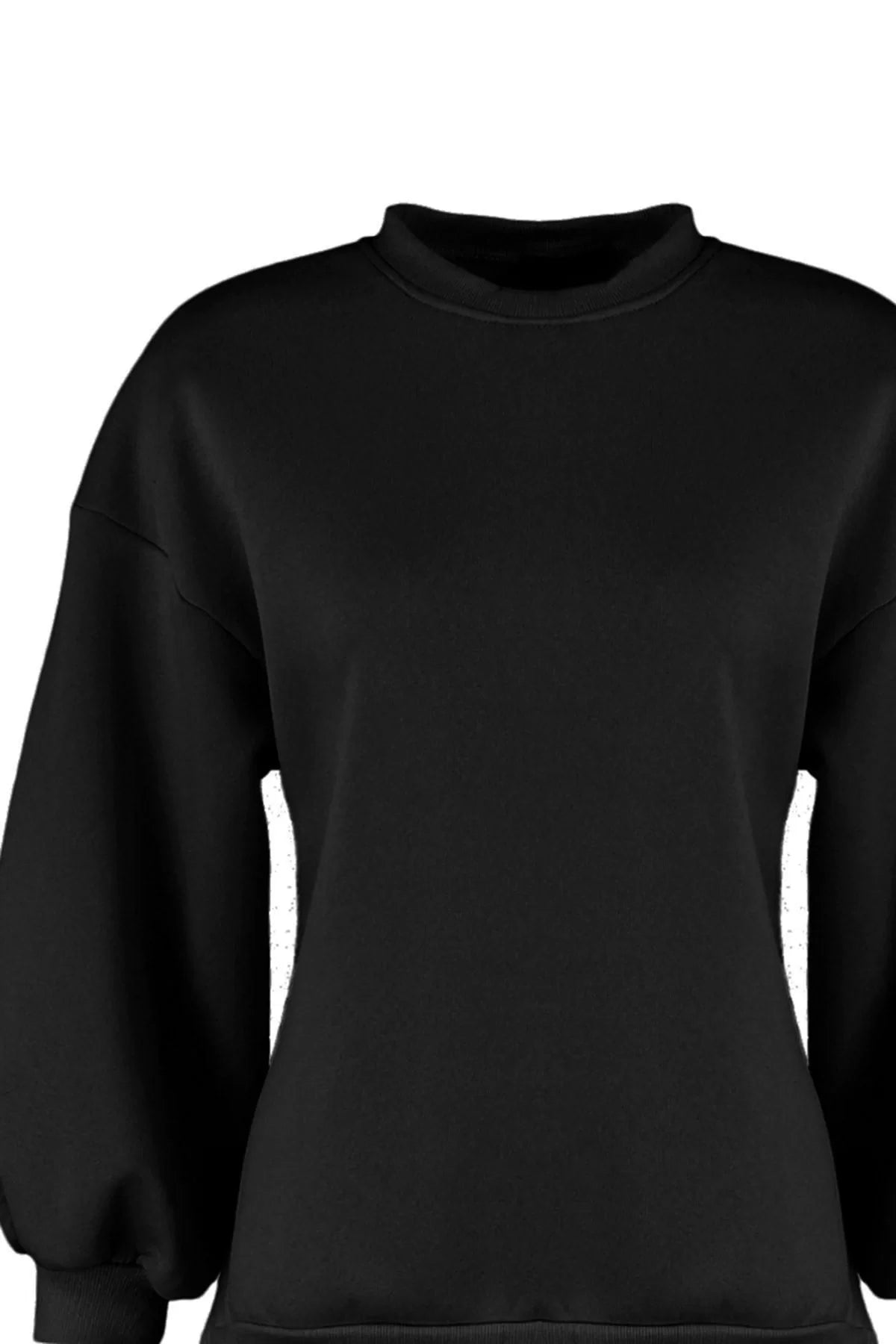 Women's Oversize Crew Neck Low Sleeve Long Wide Cut Slit Thick Polar Fleece Knitted Sweatshirt