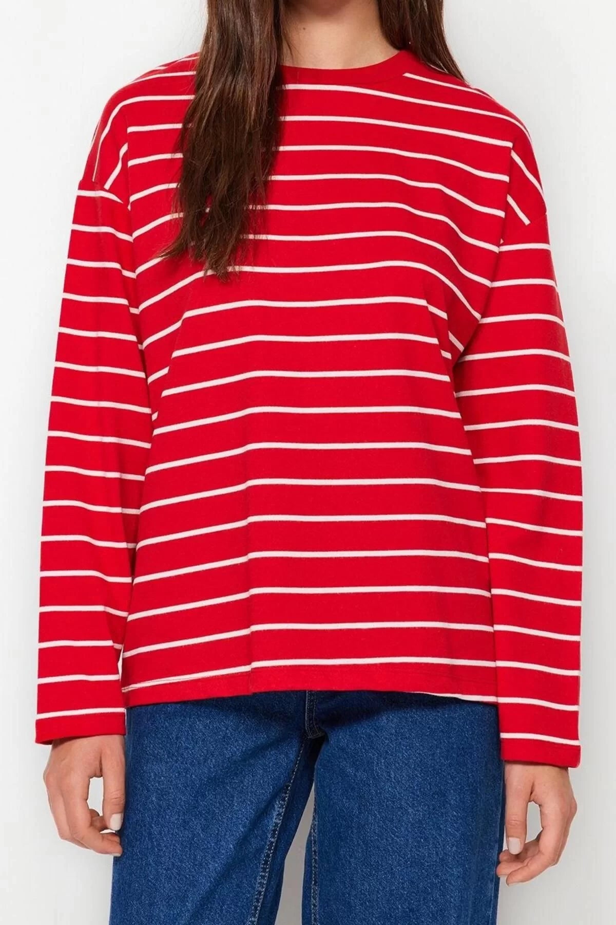 Women Fashion Stylish Oversize Crew Neck Low Sleeve Long Striped Wide Cut Thin Knitted Sweatshirt