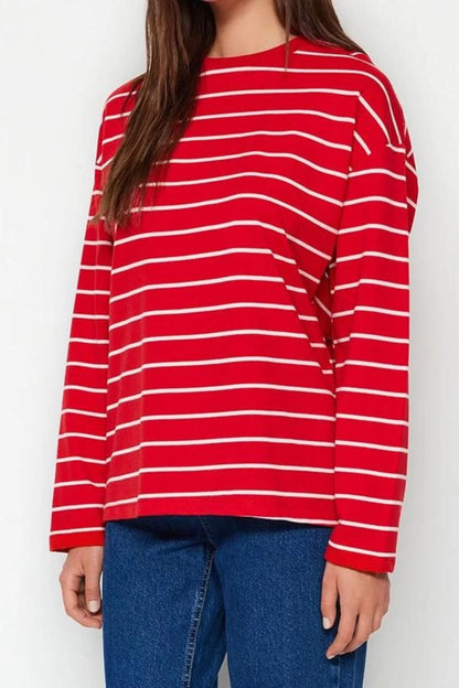 Women Fashion Stylish Oversize Crew Neck Low Sleeve Long Striped Wide Cut Thin Knitted Sweatshirt