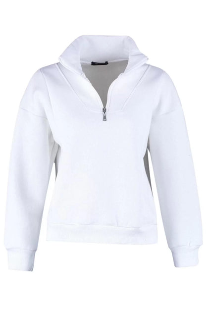 Women's Zippered Collar Low Sleeve Wide Cut Zippered Thick Polar Fleece Knitted Sweatshirt