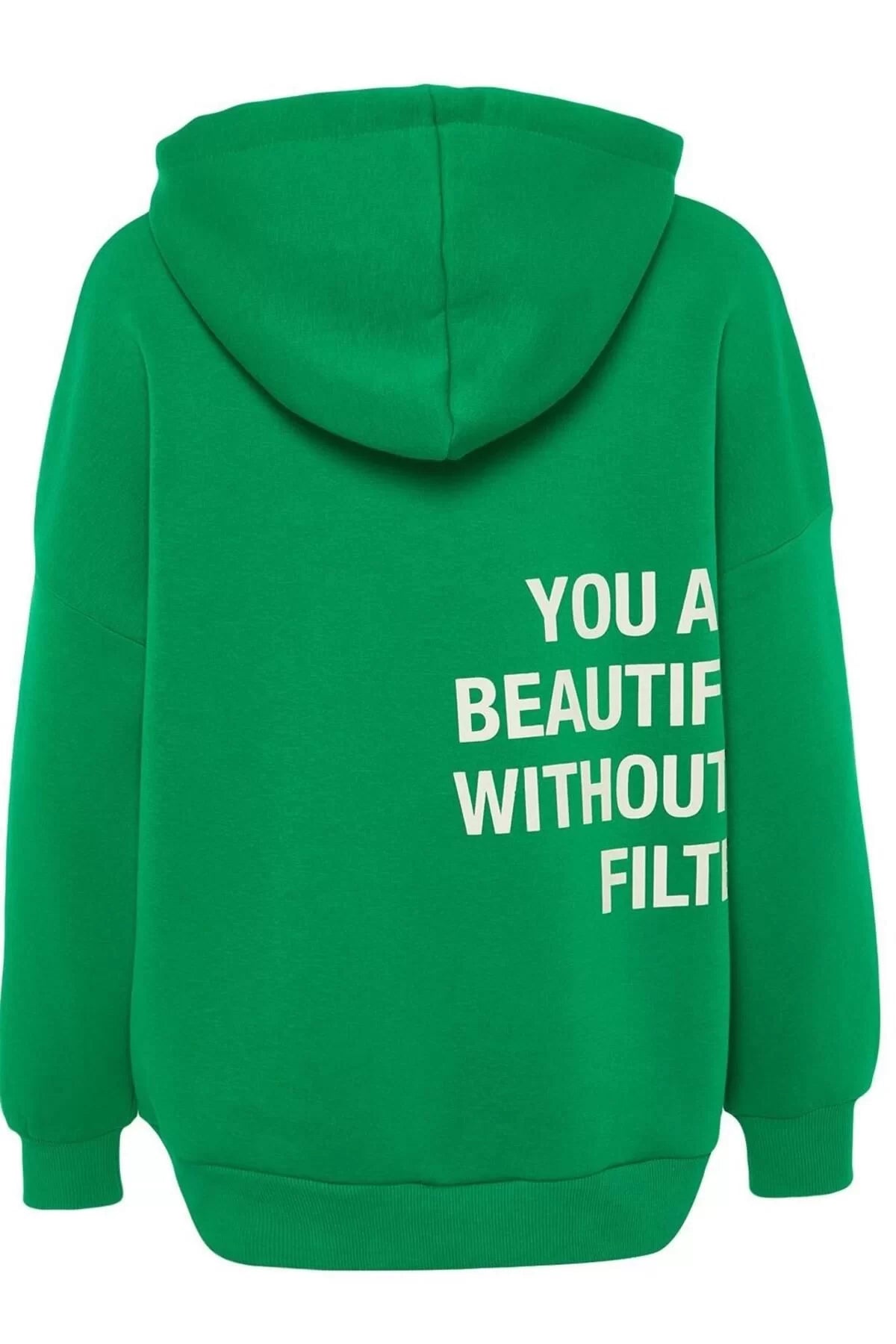 Women's Oversize Hooded Low Sleeve Long Thick Inside Polar Fleece Back Printed Wide Pattern Knitted Sweatshirt