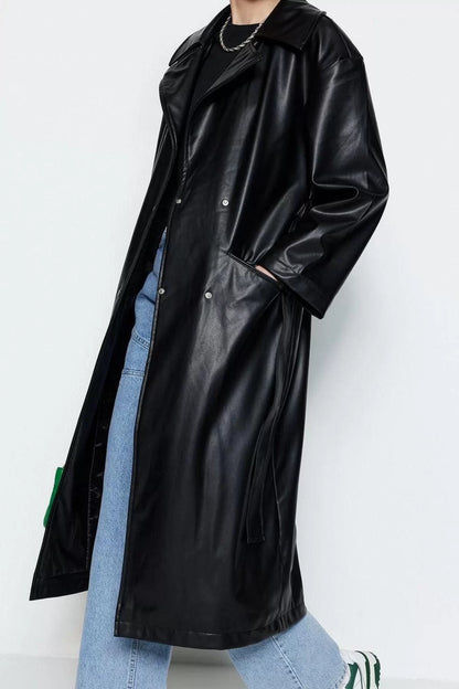 Women Fashion Stylish Oversize Jacket Collar Long Plain Lined Oversize Wide Cut Belted Faux Leather Trench Coat