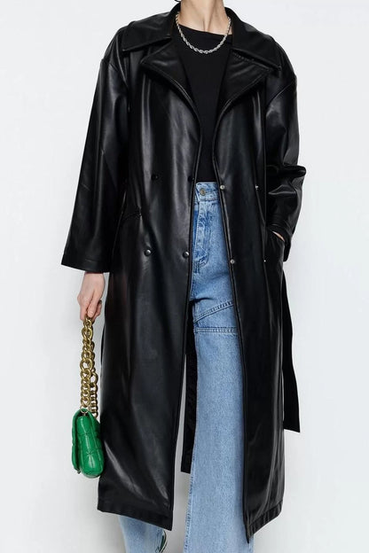 Women Fashion Stylish Oversize Jacket Collar Long Plain Lined Oversize Wide Cut Belted Faux Leather Trench Coat