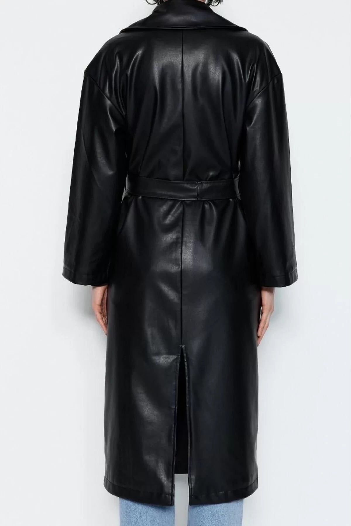 Women Fashion Stylish Oversize Jacket Collar Long Plain Lined Oversize Wide Cut Belted Faux Leather Trench Coat