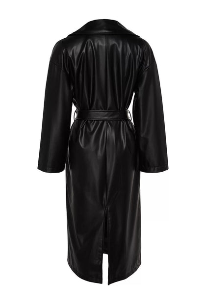 Women Fashion Stylish Oversize Jacket Collar Long Plain Lined Oversize Wide Cut Belted Faux Leather Trench Coat