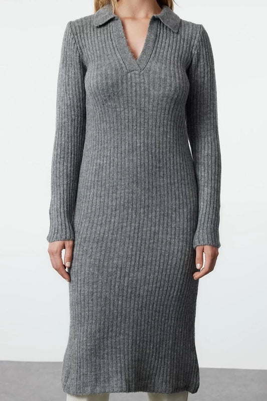 Women Fashion Stylish Midi Length Polo Neck Regular Knitwear Soft Texture Dress