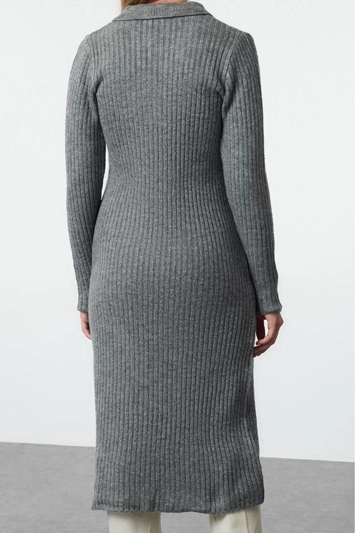 Women Fashion Stylish Midi Length Polo Neck Regular Knitwear Soft Texture Dress