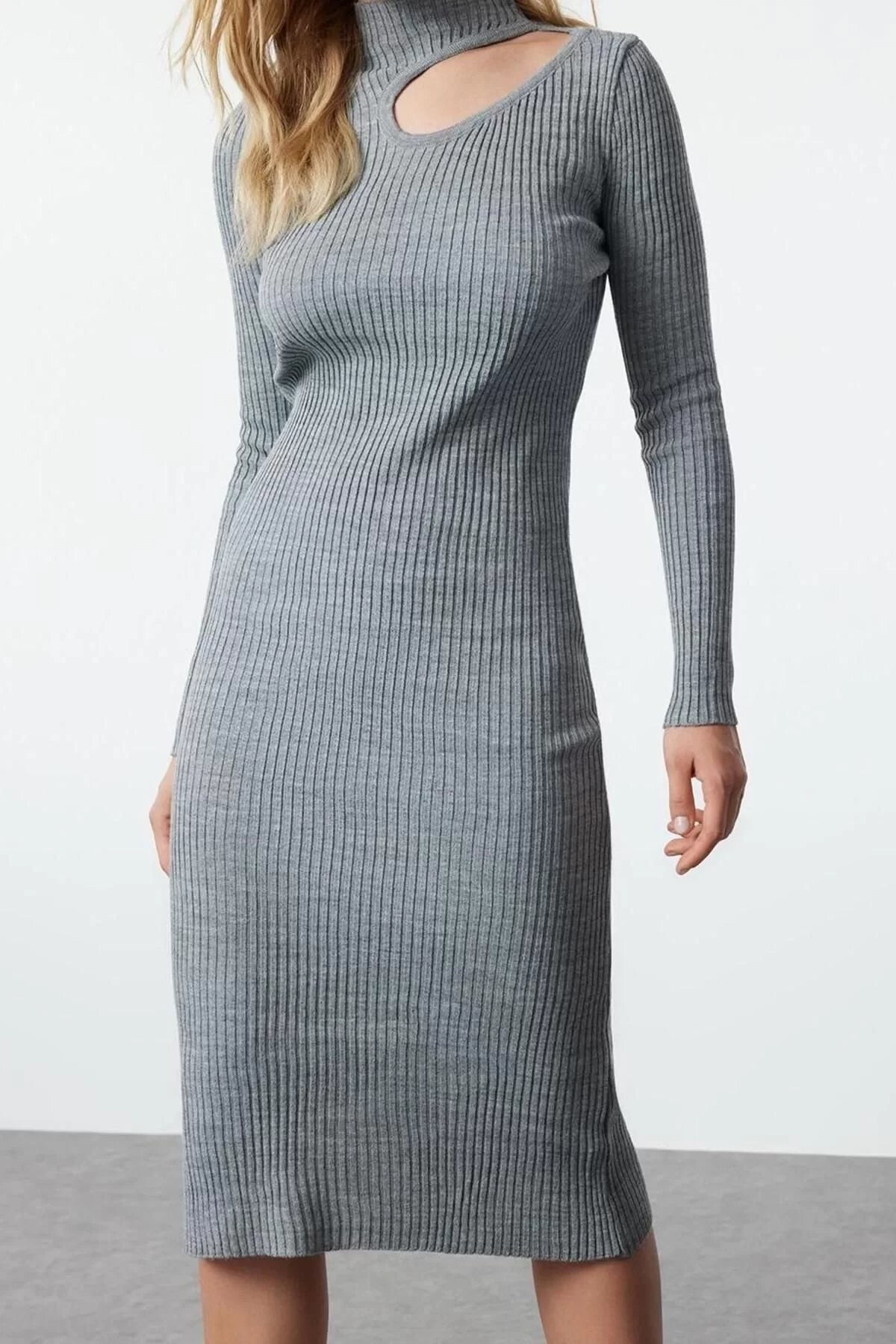 Women Fashion Stylish Midi Length Stand Collar Slim Knitwear Polo Collar Dress