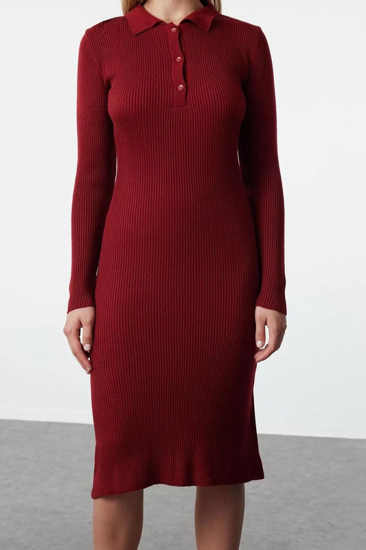 Women Fashion Stylish Midi Length Polo Neck Slim Knit Dress