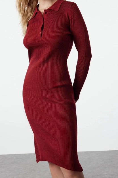 Women Fashion Stylish Midi Length Polo Neck Slim Knit Dress