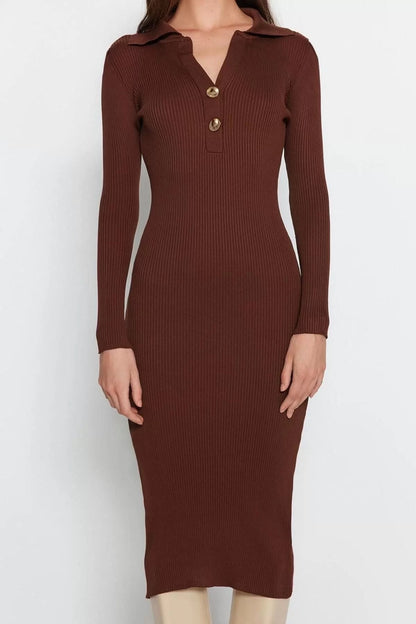 Women Fashion Stylish Midi Length Polo Neck Slim Knit Dress