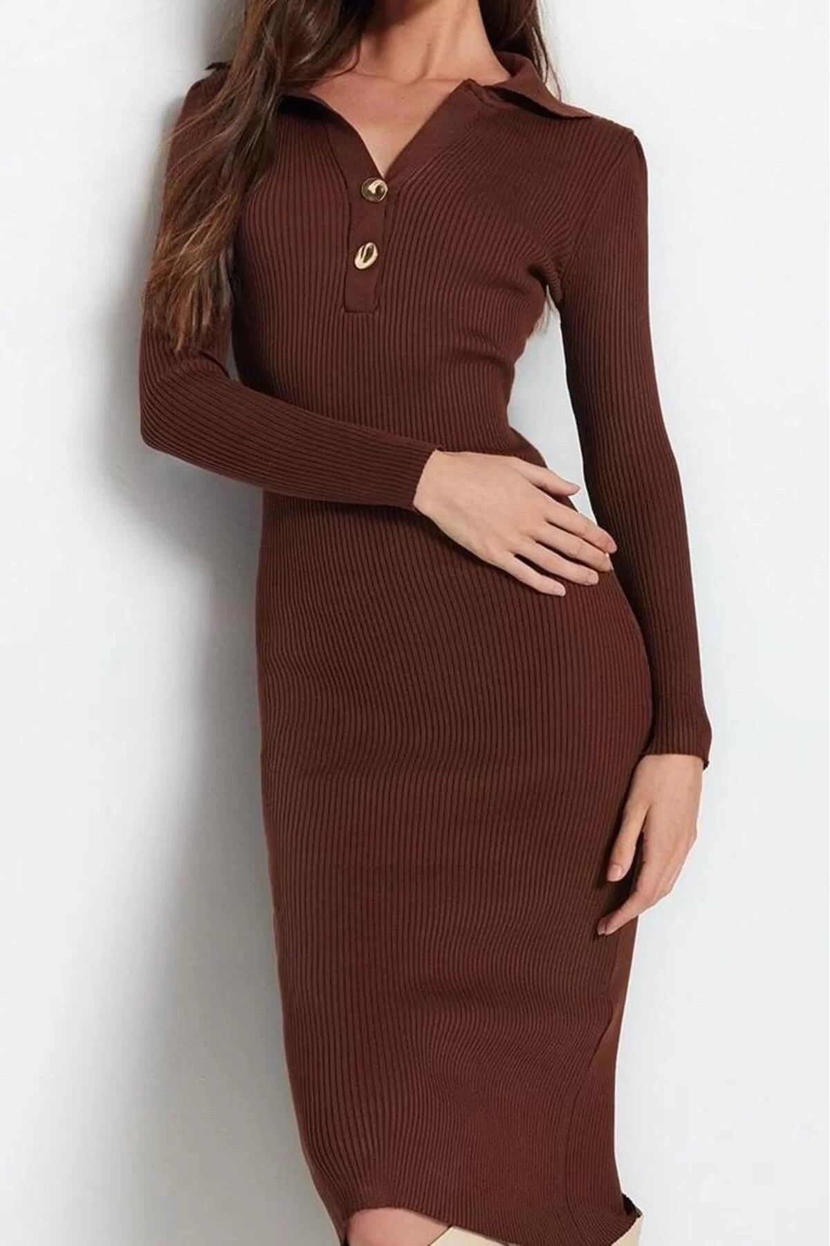 Women Fashion Stylish Midi Length Polo Neck Slim Knit Dress