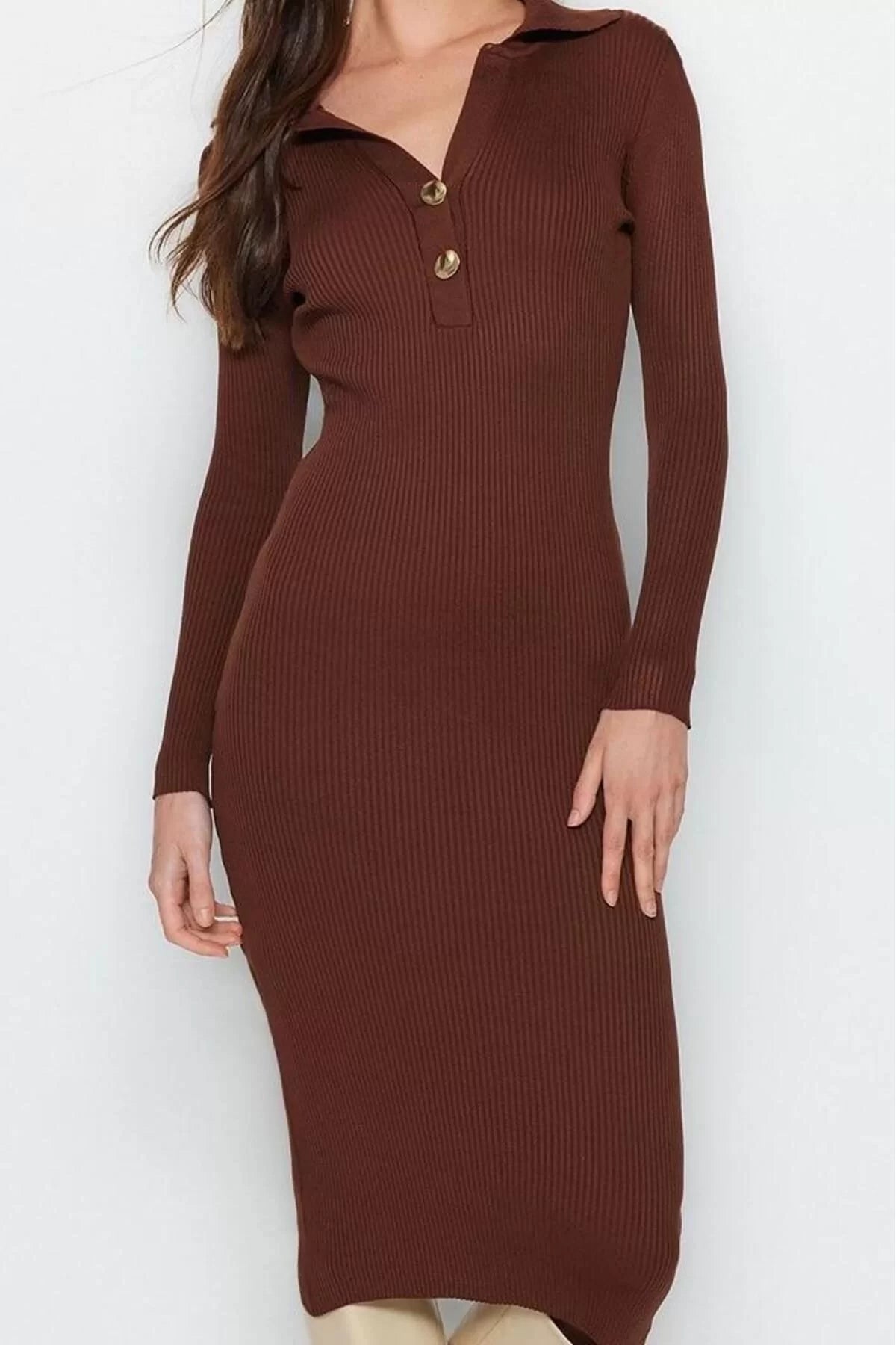 Women Fashion Stylish Midi Length Polo Neck Slim Knit Dress