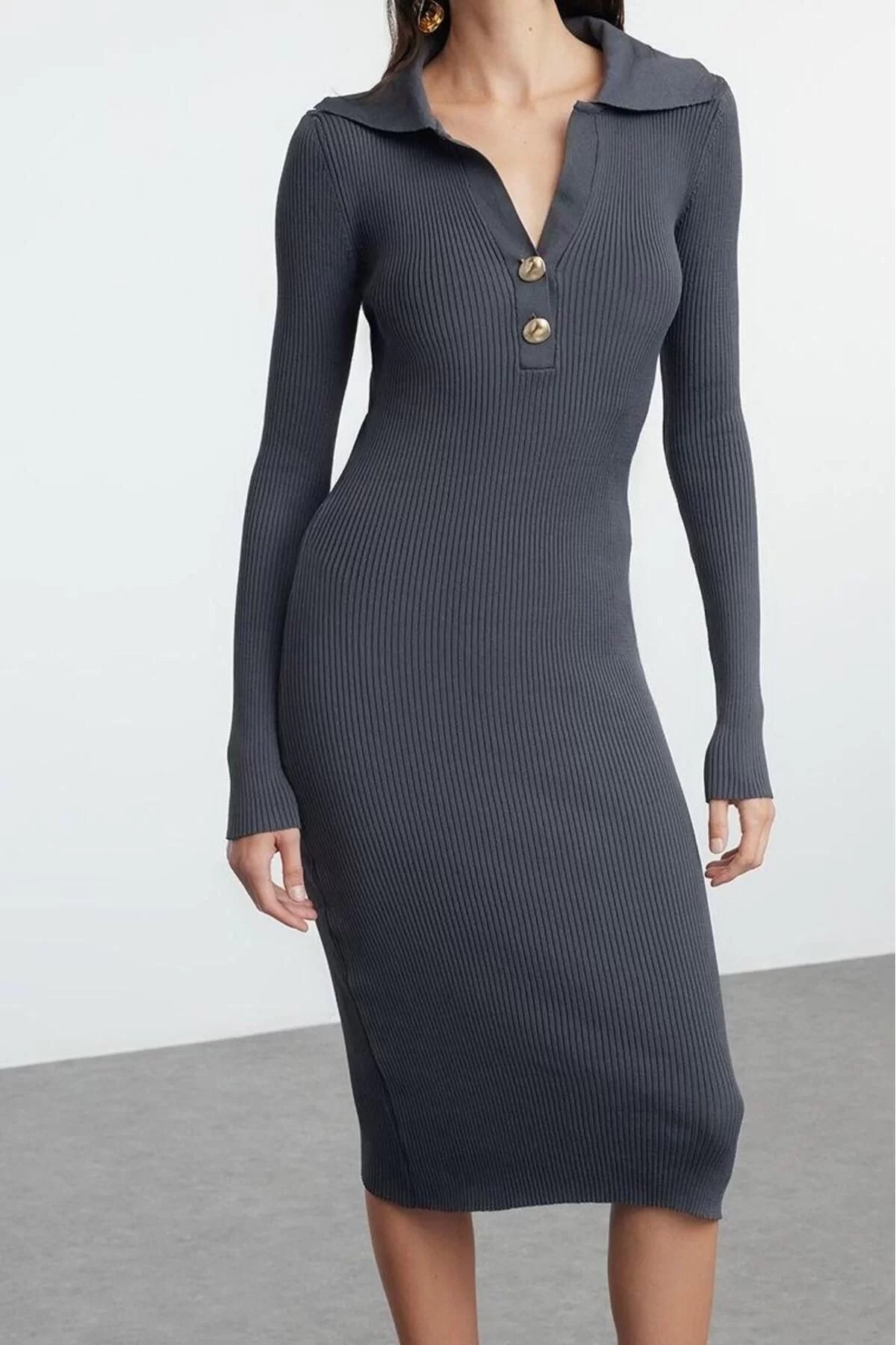 Women Fashion Stylish Midi Length Polo Neck Slim Knit Dress