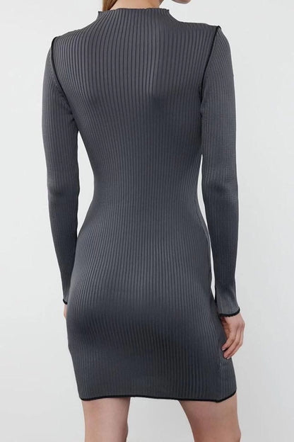 Women Fashion Stylish Mini Length Stand Collar Slim Brown Knitwear Contrast Color Dress