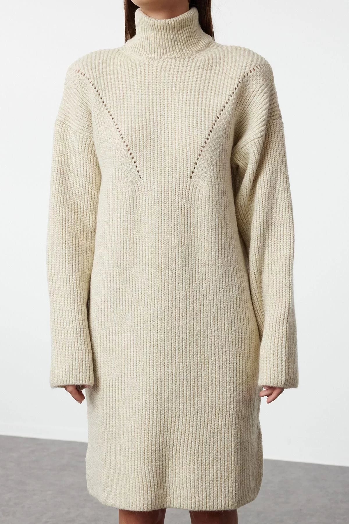 Women Fashion Stylish Mini Length Stand Collar Regular Knitwear Soft Textured Sweater Dress