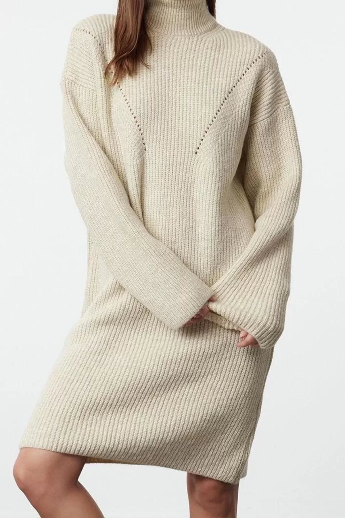 Women Fashion Stylish Mini Length Stand Collar Regular Knitwear Soft Textured Sweater Dress