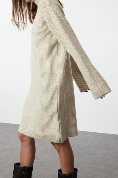 Women Fashion Stylish Mini Length Stand Collar Regular Knitwear Soft Textured Sweater Dress