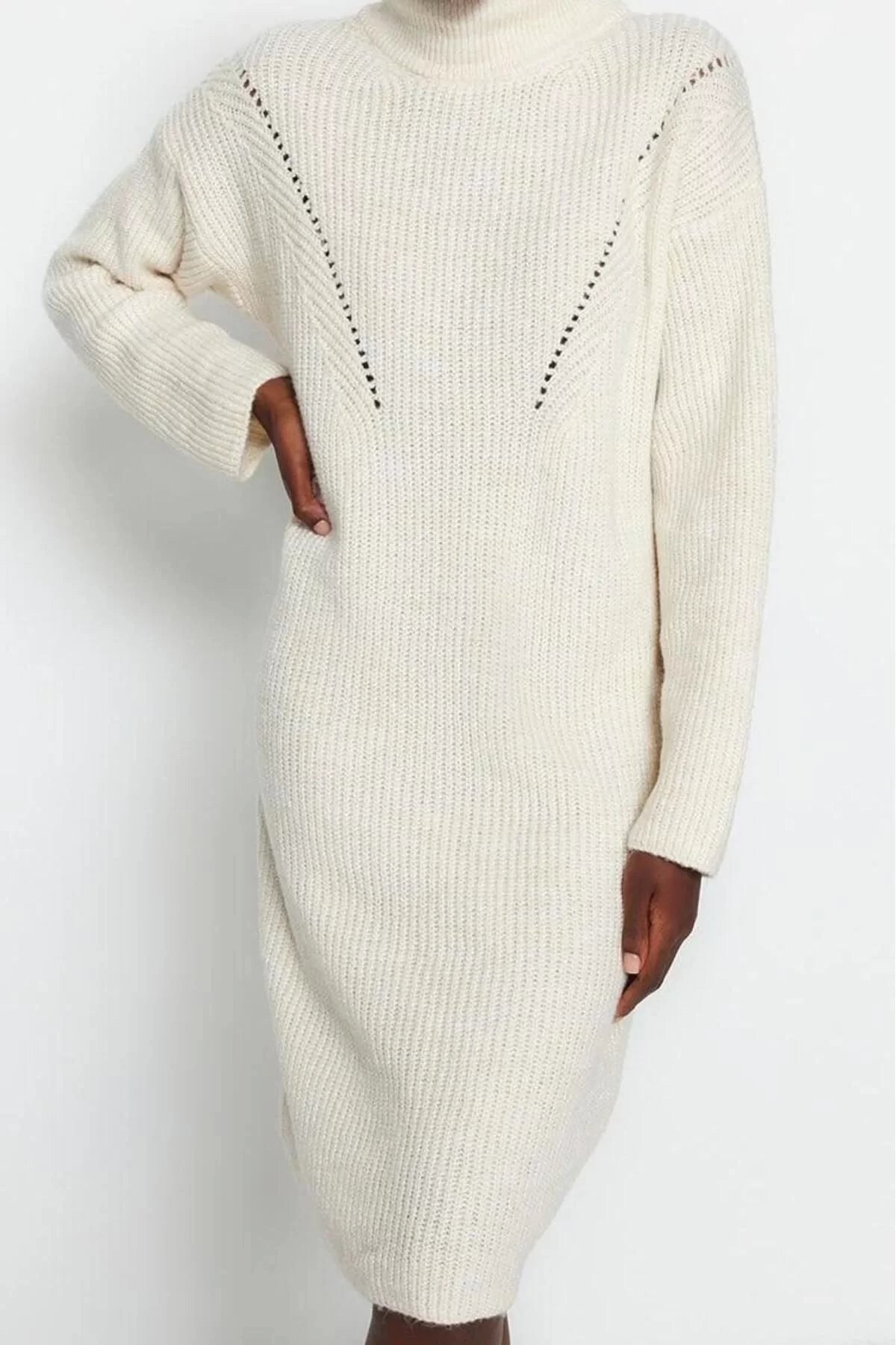 Women Fashion Stylish Mini Length Stand Collar Regular Knitwear Soft Textured Sweater Dress