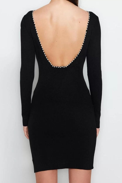 Women Fashion Stylish Mini Length Crew Neck Slim Knitwear Back Pearl Detail Dress