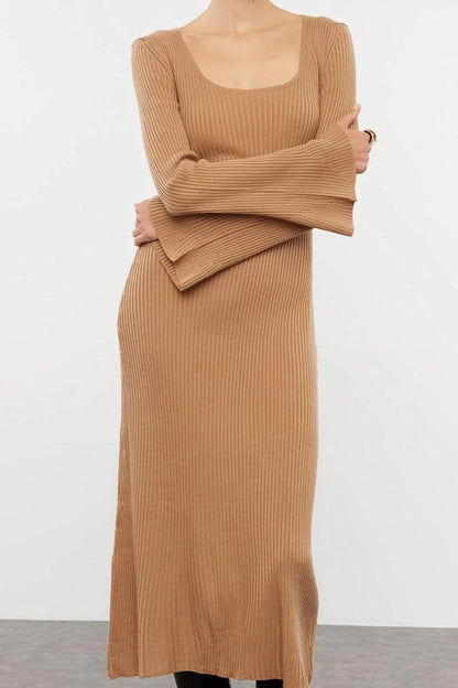 Women Fashion Stylish Midi Length Square Neck Slim Knitwear Basic Sleeve Detailed Dress