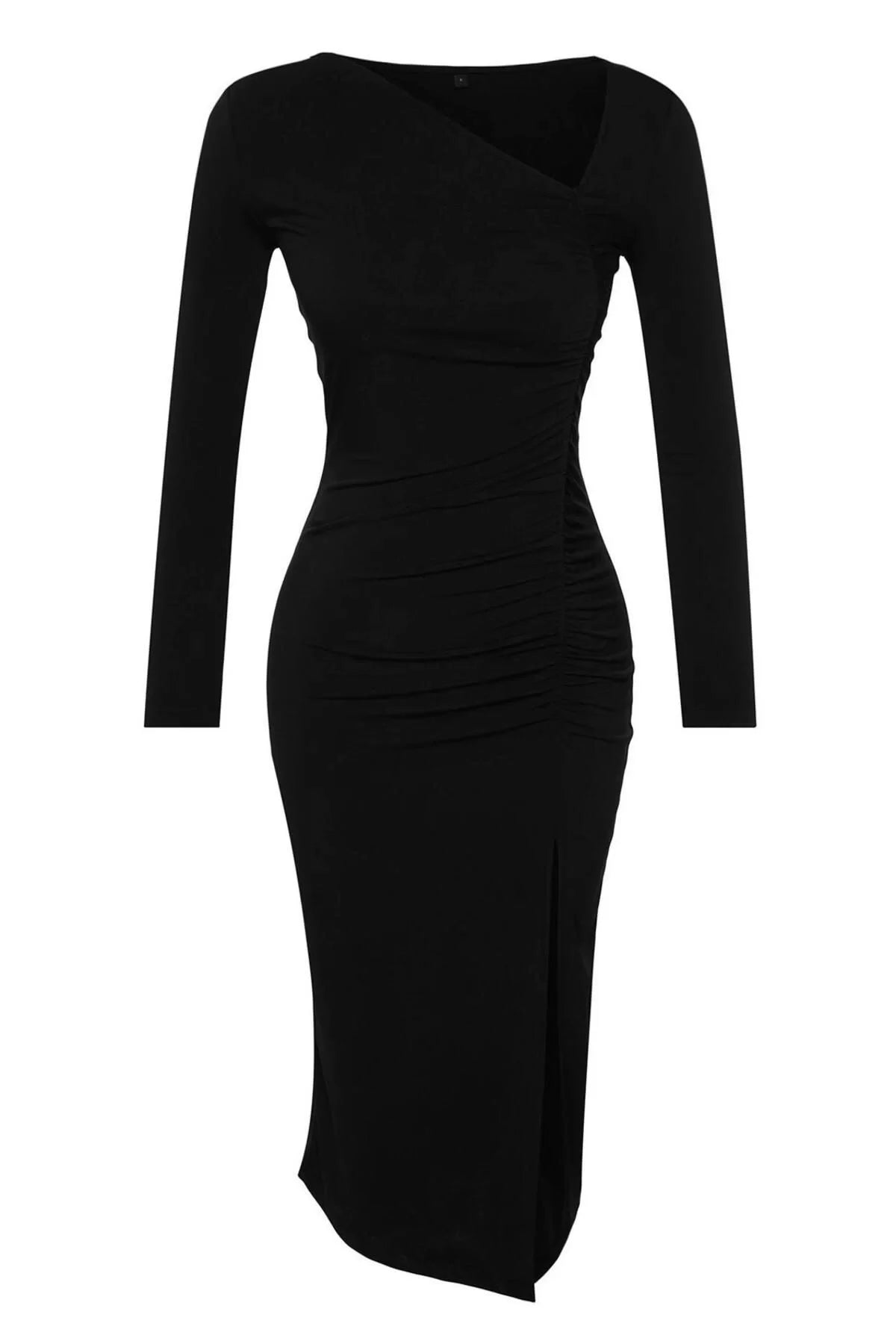 Women Fashion Stylish Midi Length Asymmetrical Neck Slim Slit Knitted Dress