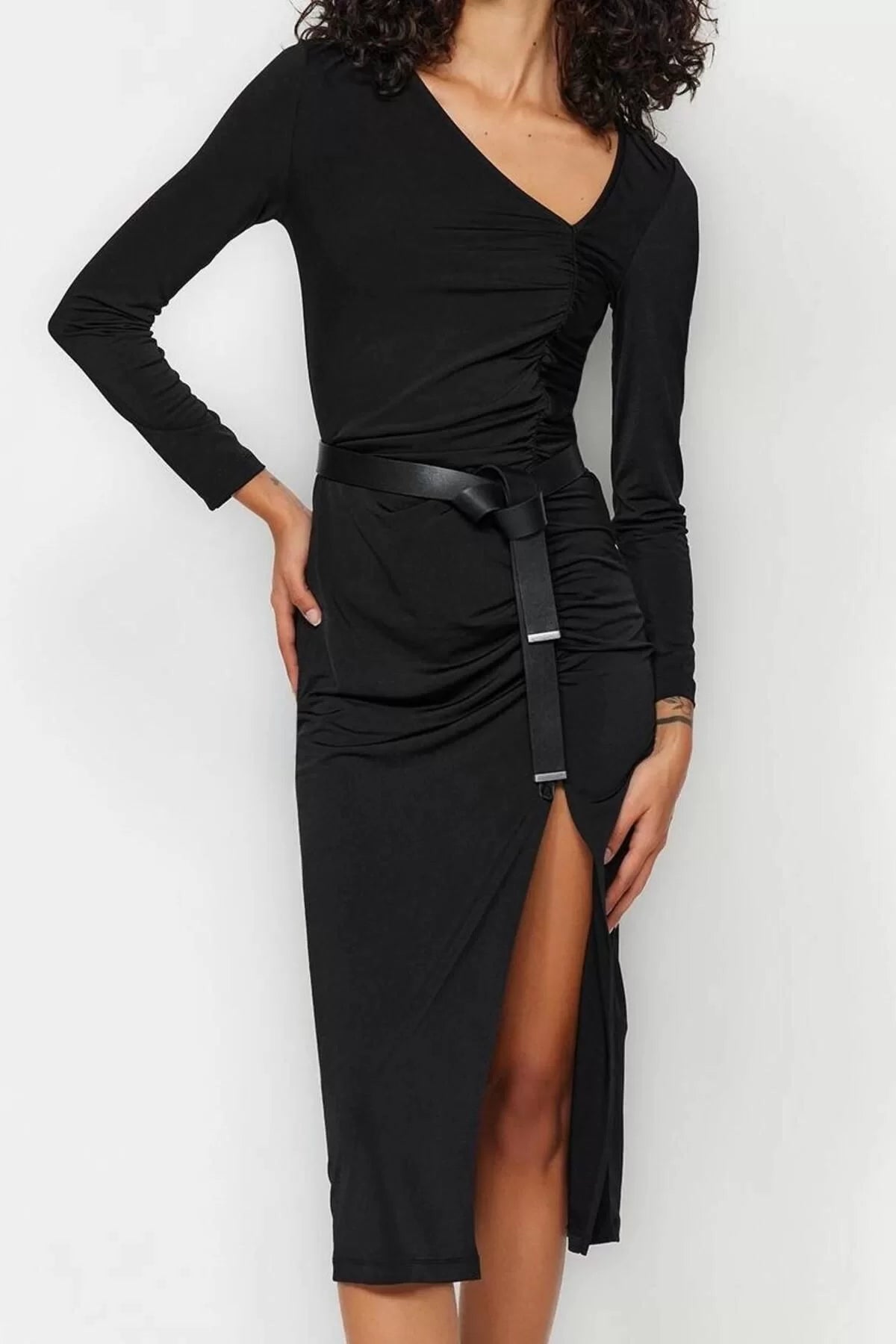 Women Fashion Stylish Midi Length Asymmetrical Neck Slim Slit Knitted Dress