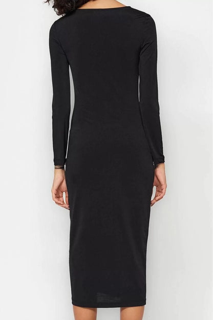 Women Fashion Stylish Midi Length Asymmetrical Neck Slim Slit Knitted Dress