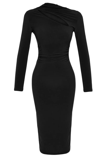 Women Fashion Stylish Midi Length Stand Collar Slim Cut Out Detailed Fitted Body-Smoothing Flexible Knitted Dress