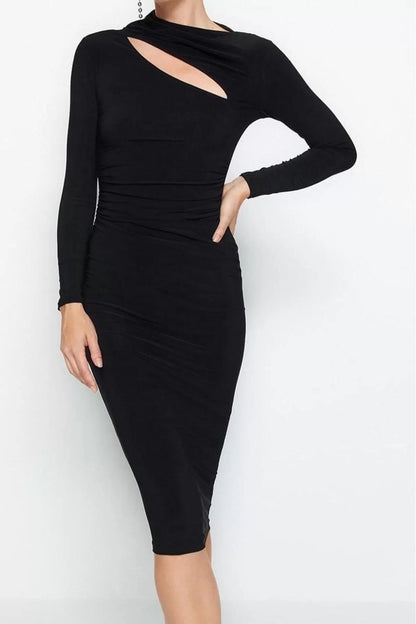 Women Fashion Stylish Midi Length Stand Collar Slim Cut Out Detailed Fitted Body-Smoothing Flexible Knitted Dress