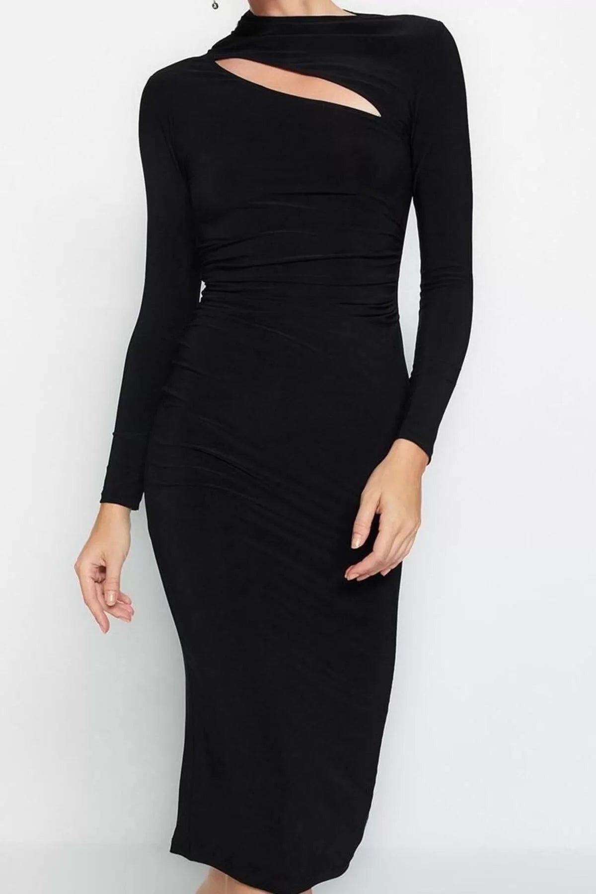 Women Fashion Stylish Midi Length Stand Collar Slim Cut Out Detailed Fitted Body-Smoothing Flexible Knitted Dress