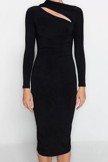 Women Fashion Stylish Midi Length Stand Collar Slim Cut Out Detailed Fitted Body-Smoothing Flexible Knitted Dress