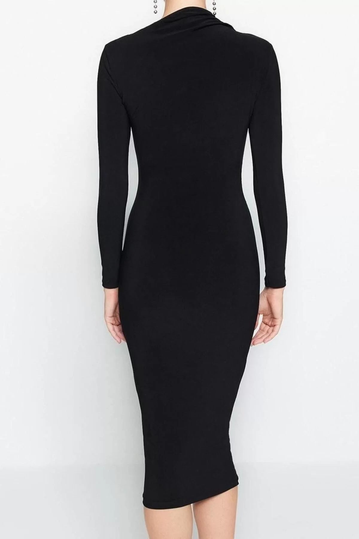 Women Fashion Stylish Midi Length Stand Collar Slim Cut Out Detailed Fitted Body-Smoothing Flexible Knitted Dress