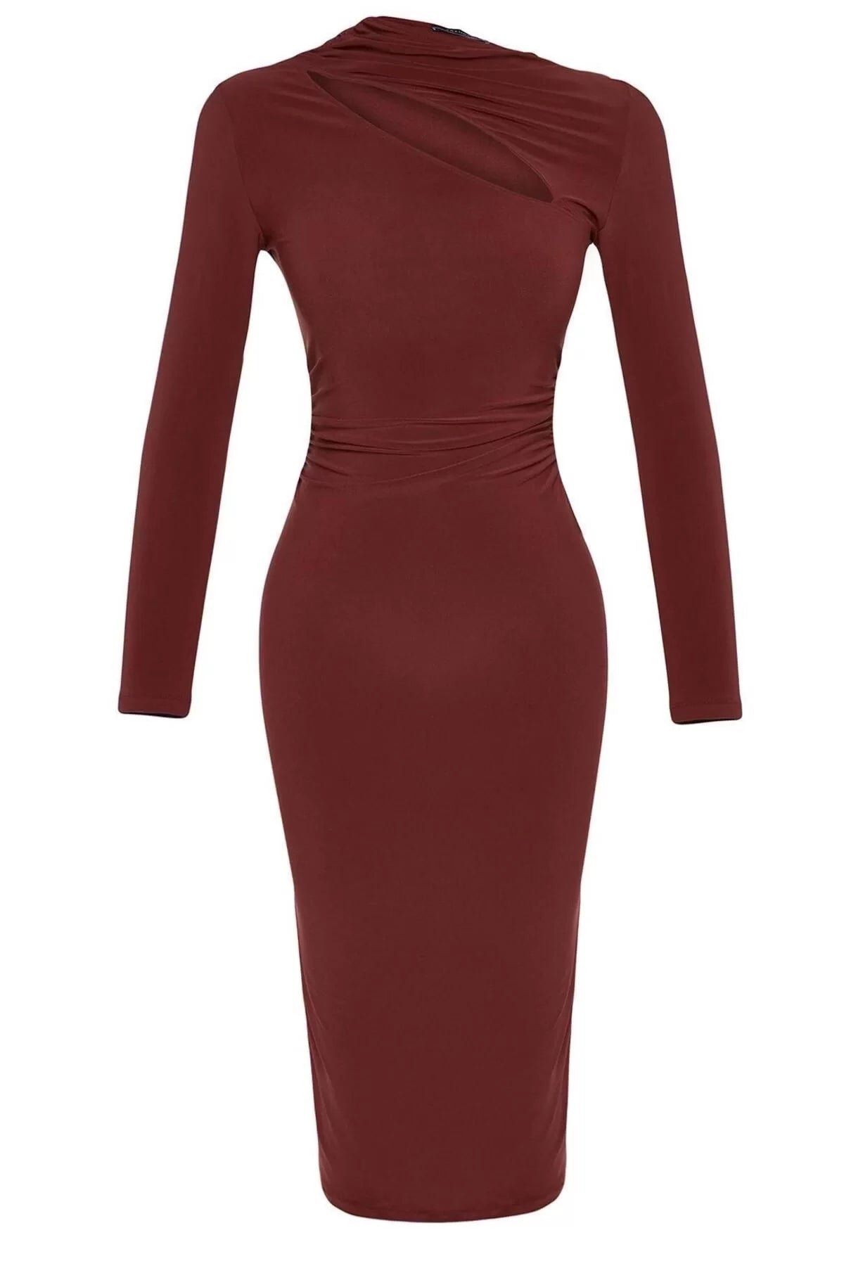 Women Fashion Stylish Midi Length Stand Collar Slim Cut Out Detailed Fitted Body-Smoothing Flexible Knitted Dress