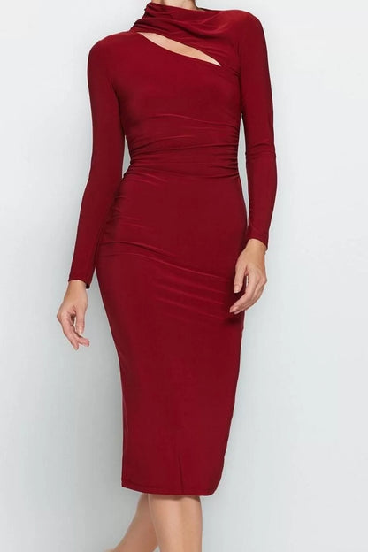 Women Fashion Stylish Midi Length Stand Collar Slim Cut Out Detailed Fitted Body-Smoothing Flexible Knitted Dress