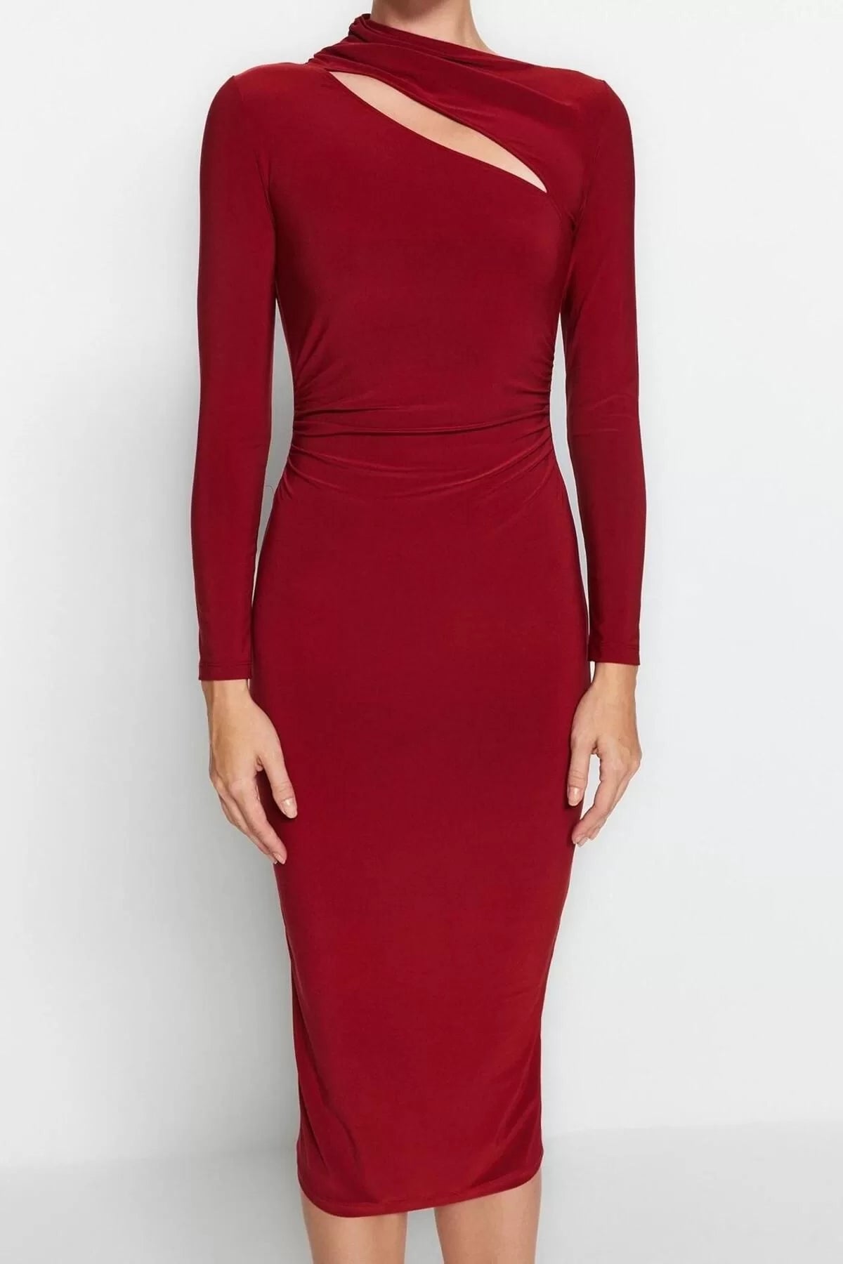 Women Fashion Stylish Midi Length Stand Collar Slim Cut Out Detailed Fitted Body-Smoothing Flexible Knitted Dress