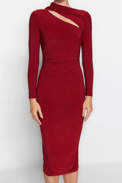 Women Fashion Stylish Midi Length Stand Collar Slim Cut Out Detailed Fitted Body-Smoothing Flexible Knitted Dress