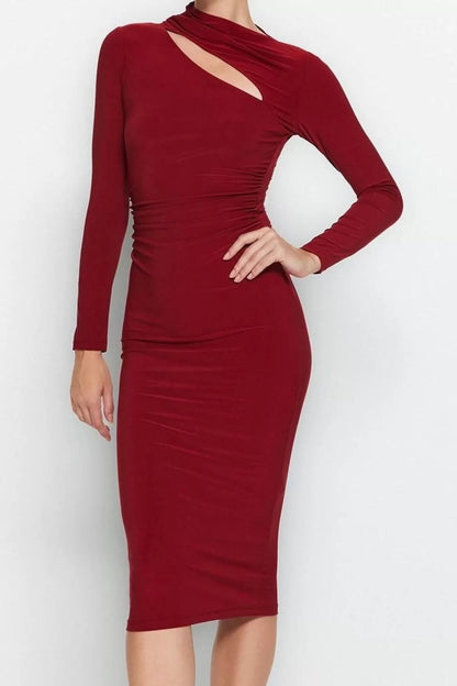 Women Fashion Stylish Midi Length Stand Collar Slim Cut Out Detailed Fitted Body-Smoothing Flexible Knitted Dress