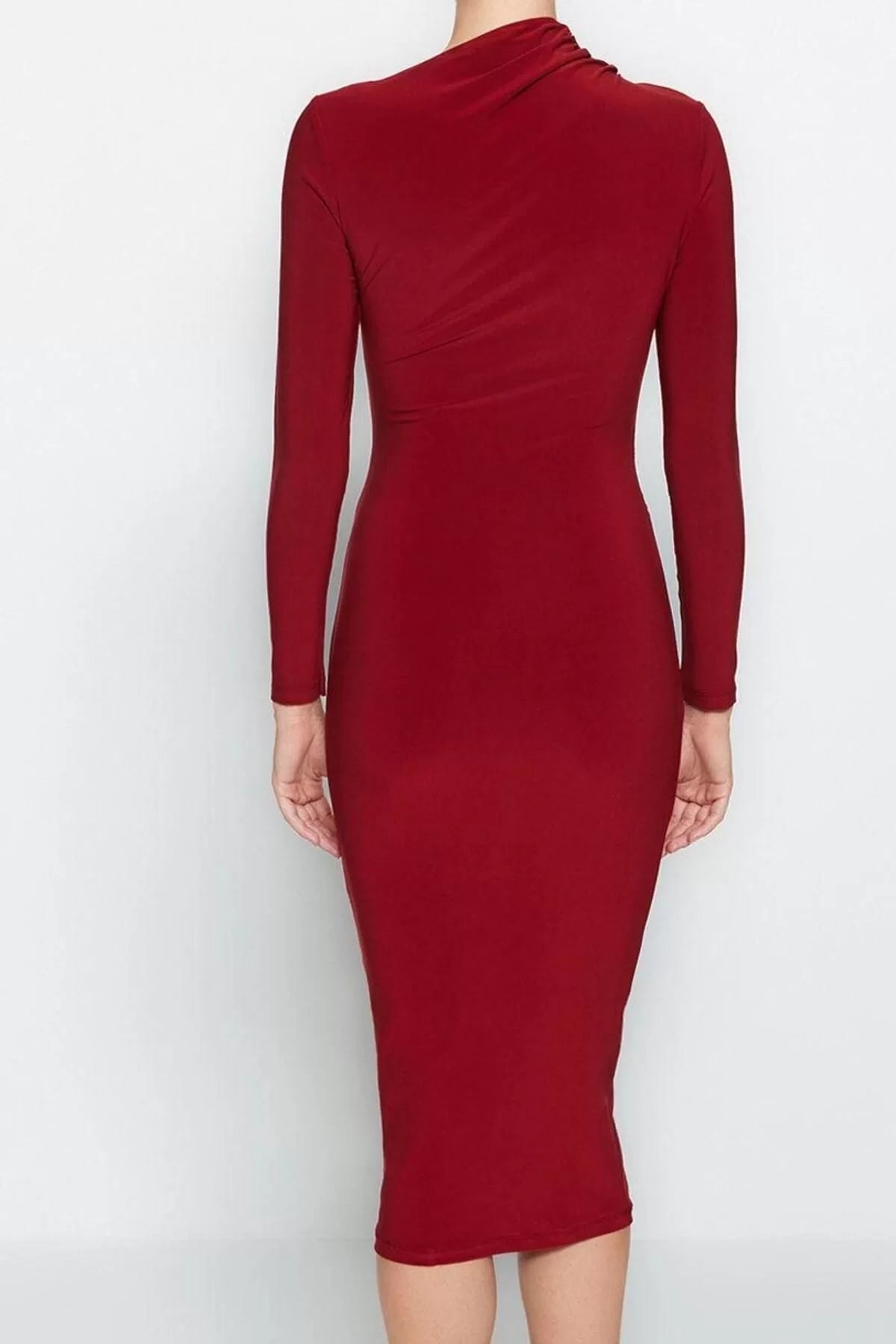 Women Fashion Stylish Midi Length Stand Collar Slim Cut Out Detailed Fitted Body-Smoothing Flexible Knitted Dress